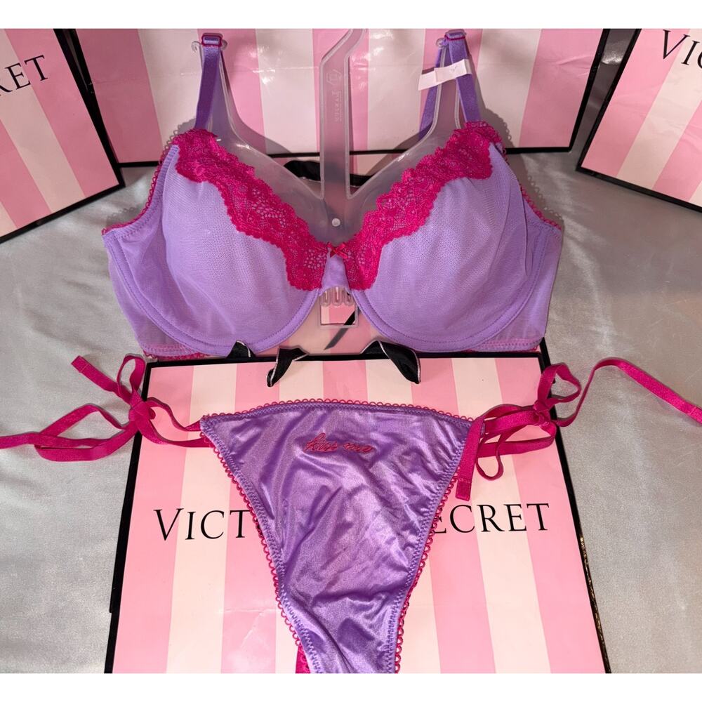 Victoria's Secret Bra Tease 36C OS Thong Purple & Pink